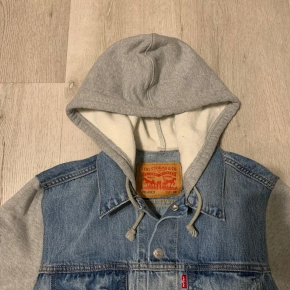 Levi's Strauss Mens Hybrid Hoodie Tucker Jacket Medium Wash Blue Denim - Picture 2 of 15